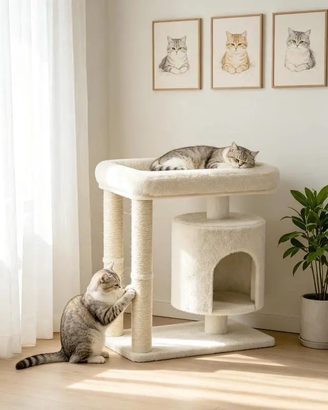 Alt view image 2 of 7 - Small Cat Tree, Cat Tree for Large Cats with Perch Bed, Dual Sisal Scratching Posts, Cozy Condos for Indoor Cats Kittens, Beige