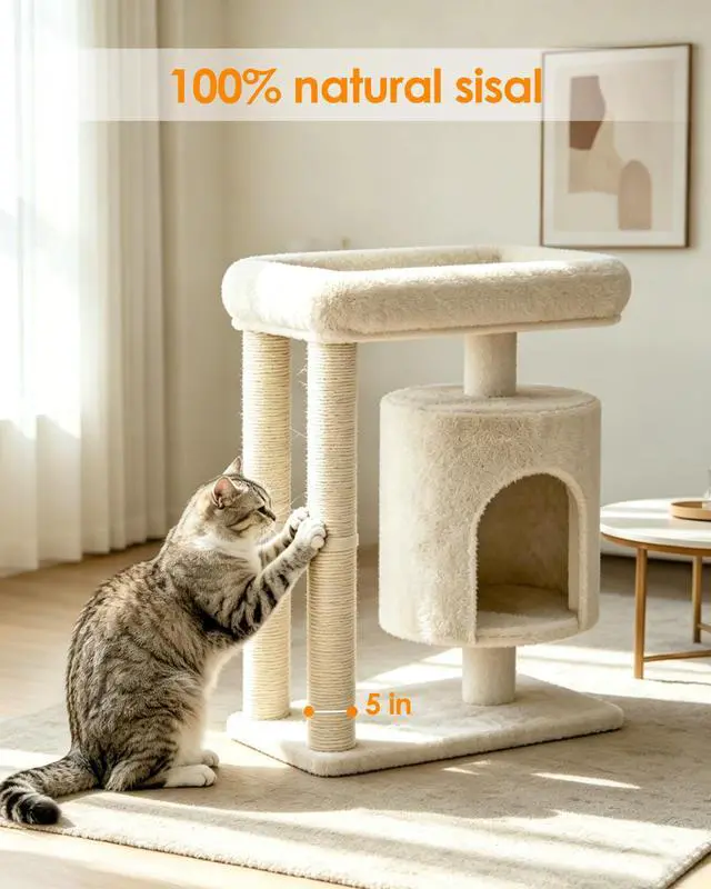 Alt view image 3 of 7 - Small Cat Tree, Cat Tree for Large Cats with Perch Bed, Dual Sisal Scratching Posts, Cozy Condos for Indoor Cats Kittens, Beige