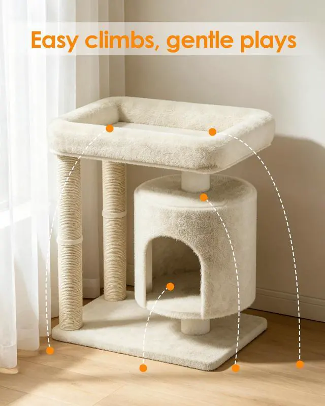 Alt view image 4 of 7 - Small Cat Tree, Cat Tree for Large Cats with Perch Bed, Dual Sisal Scratching Posts, Cozy Condos for Indoor Cats Kittens, Beige