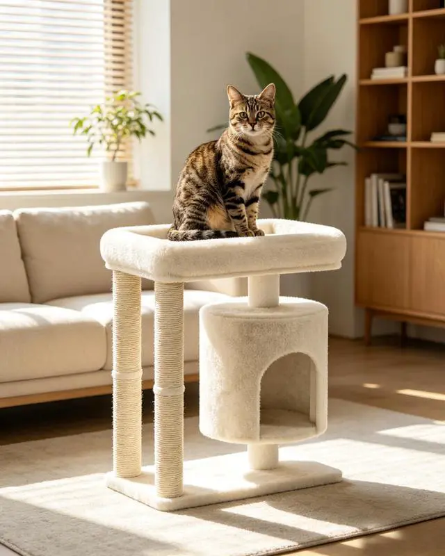 Alt view image 6 of 7 - Small Cat Tree, Cat Tree for Large Cats with Perch Bed, Dual Sisal Scratching Posts, Cozy Condos for Indoor Cats Kittens, Beige