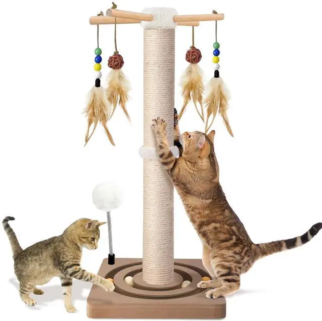 Main image of Cat Scratching Post, Sisal Cat Tree Tower Scratcher for Indoor Cats Adults with Interactive Toys, Double Ball Track, 2 Mounting Methods, 25 inches