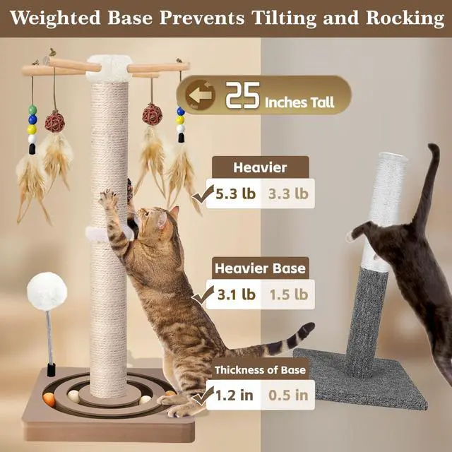 Alt view image 2 of 7 - Cat Scratching Post, Sisal Cat Tree Tower Scratcher for Indoor Cats Adults with Interactive Toys, Double Ball Track, 2 Mounting Methods, 25 inches