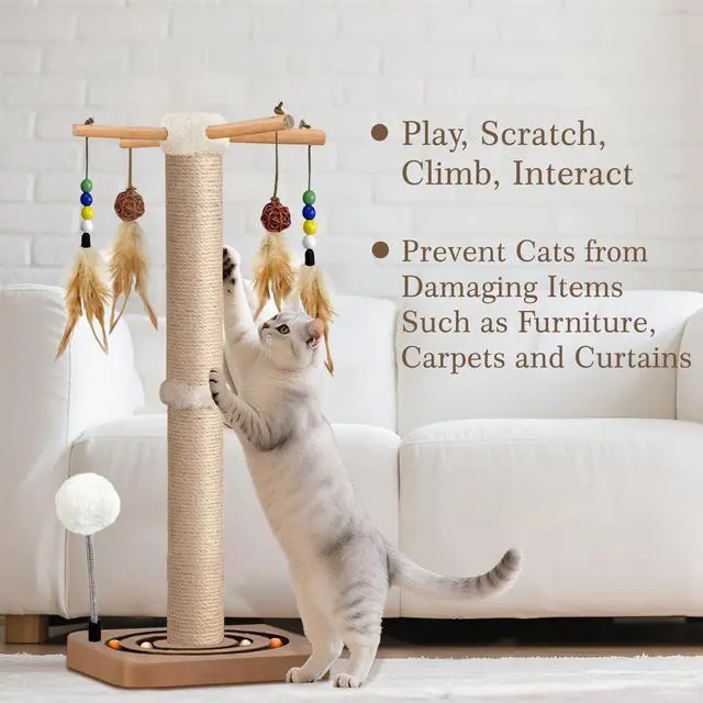 Alt view image 4 of 7 - Cat Scratching Post, Sisal Cat Tree Tower Scratcher for Indoor Cats Adults with Interactive Toys, Double Ball Track, 2 Mounting Methods, 25 inches