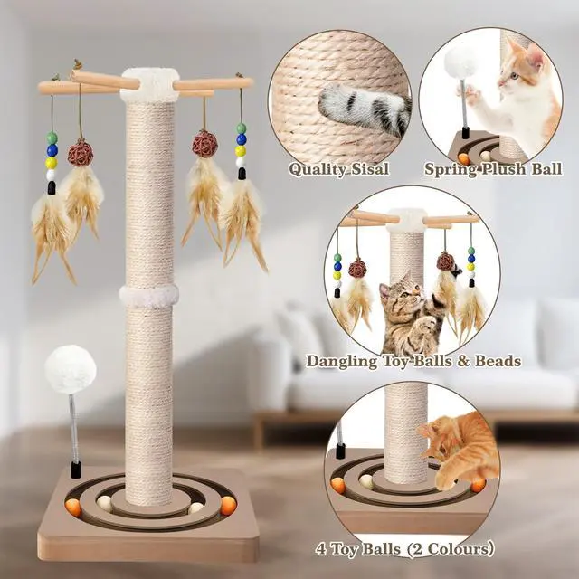 Alt view image 3 of 7 - Cat Scratching Post, Sisal Cat Tree Tower Scratcher for Indoor Cats Adults with Interactive Toys, Double Ball Track, 2 Mounting Methods, 25 inches