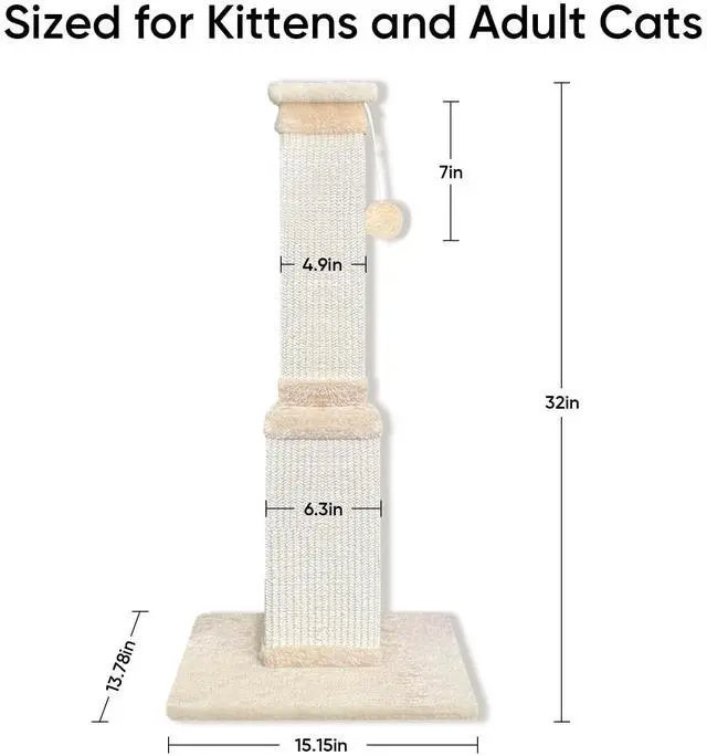 Alt view image 3 of 7 - Cat Scratching Post for Large Cats, Cat Scratcher for Indoor Cats Adults, Sturdy Sisal Scratch Post to Protect Furniture, 32 Inch, Beige