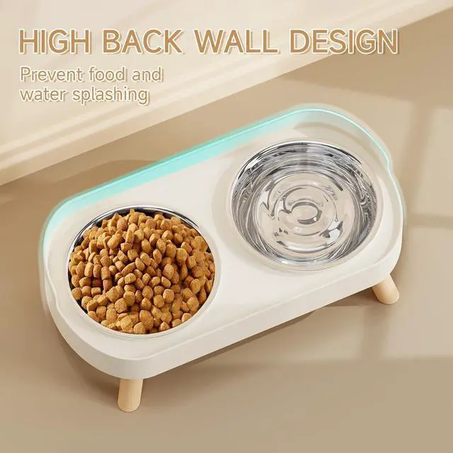 Alt view image 2 of 7 - Elevated Cat Bowl, Raised Cat Food and Water Bowl Set for Indoor Cats, Splash Proof with 2 Stainless Steel Pet Food Bowls for Cats and Puppies, Whisker Fatigue and Dishwasher Safe - White