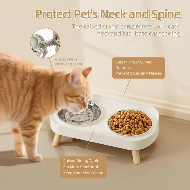Alt view image 3 of 7 - Elevated Cat Bowl, Raised Cat Food and Water Bowl Set for Indoor Cats, Splash Proof with 2 Stainless Steel Pet Food Bowls for Cats and Puppies, Whisker Fatigue and Dishwasher Safe - White