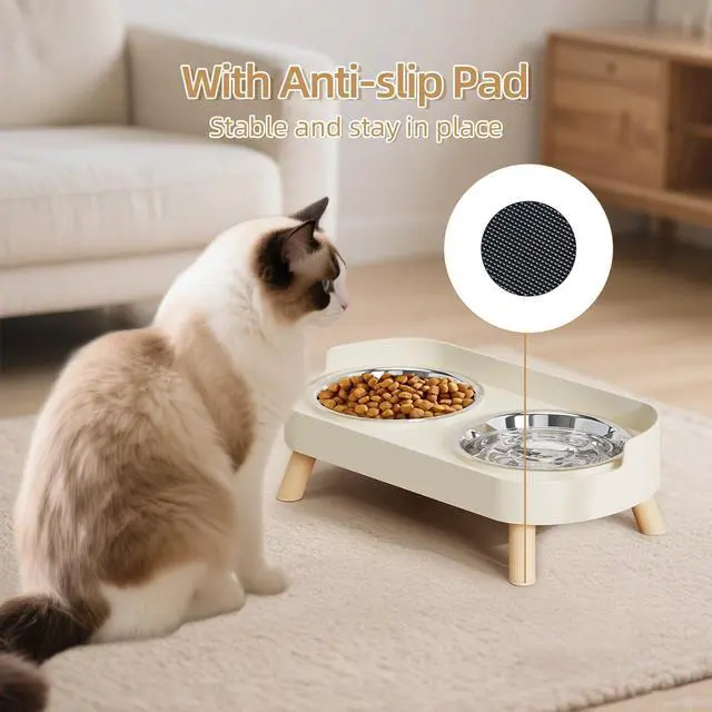 Alt view image 5 of 7 - Elevated Cat Bowl, Raised Cat Food and Water Bowl Set for Indoor Cats, Splash Proof with 2 Stainless Steel Pet Food Bowls for Cats and Puppies, Whisker Fatigue and Dishwasher Safe - White