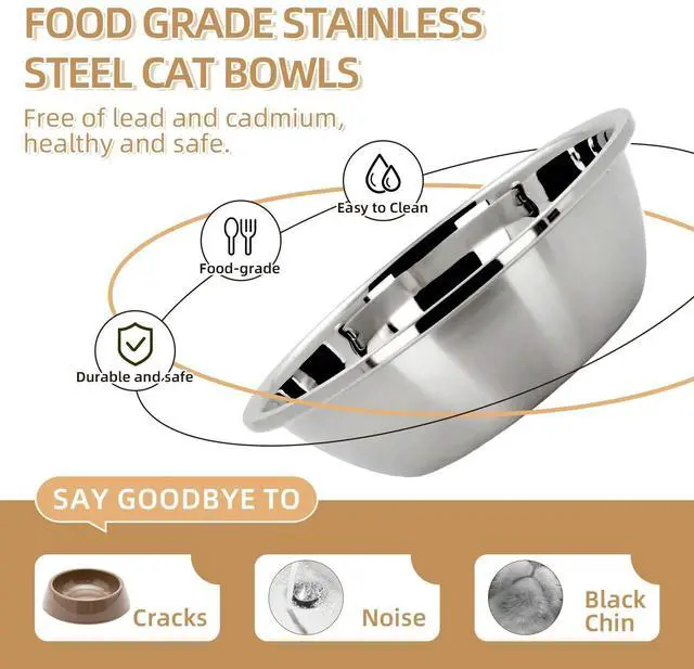 Alt view image 4 of 7 - Elevated Cat Bowl, Raised Cat Food and Water Bowl Set for Indoor Cats, Splash Proof with 2 Stainless Steel Pet Food Bowls for Cats and Puppies, Whisker Fatigue and Dishwasher Safe - White