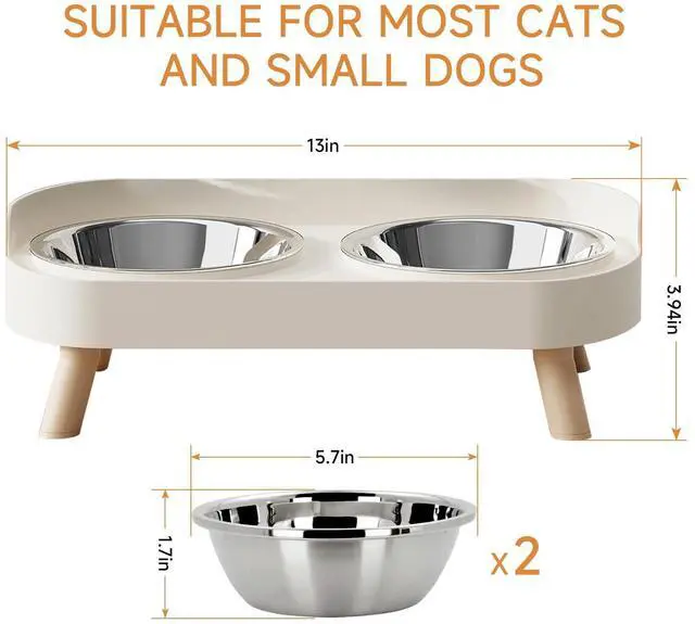 Alt view image 6 of 7 - Elevated Cat Bowl, Raised Cat Food and Water Bowl Set for Indoor Cats, Splash Proof with 2 Stainless Steel Pet Food Bowls for Cats and Puppies, Whisker Fatigue and Dishwasher Safe - White