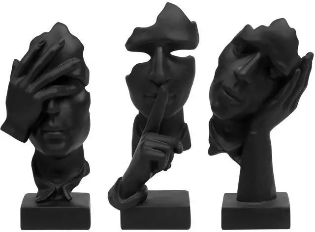 Main image of 3 Pcs Thinker Statue, Silence is Gold Abstract Art Figurine, No Hear No See No Speak Modern Home Resin Sculptures Decorative Objects Decor for Home Office Bookshelf Desktop(Black) (A-41)
