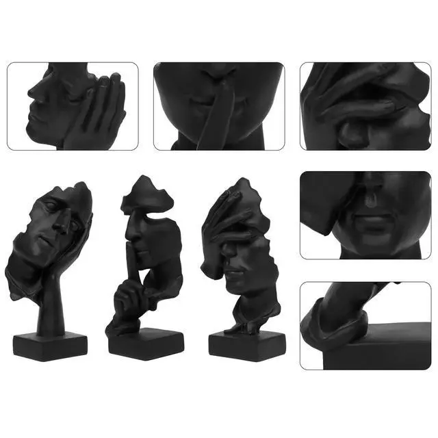 Alt view image 6 of 6 - 3 Pcs Thinker Statue, Silence is Gold Abstract Art Figurine, No Hear No See No Speak Modern Home Resin Sculptures Decorative Objects Decor for Home Office Bookshelf Desktop(Black) (A-41)