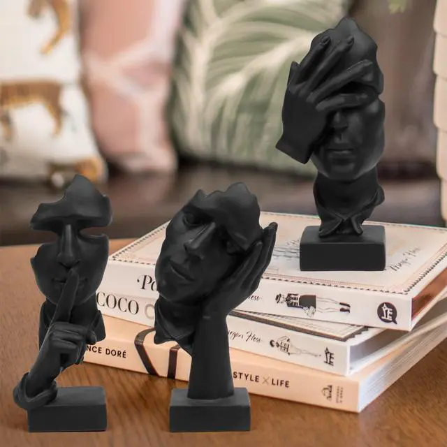 Alt view image 2 of 6 - 3 Pcs Thinker Statue, Silence is Gold Abstract Art Figurine, No Hear No See No Speak Modern Home Resin Sculptures Decorative Objects Decor for Home Office Bookshelf Desktop(Black) (A-41)