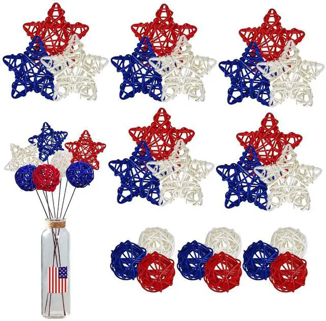 Main image of 24 Pcs 4th of July Star Rattan Balls Decoration, Red Blue White Stars for 4th of July Independence Day Home Decor DIY Vase Bowl Filler Ornament Table Decoration