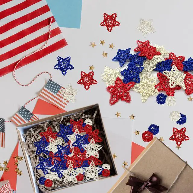 Alt view image 2 of 7 - 24 Pcs 4th of July Star Rattan Balls Decoration, Red Blue White Stars for 4th of July Independence Day Home Decor DIY Vase Bowl Filler Ornament Table Decoration