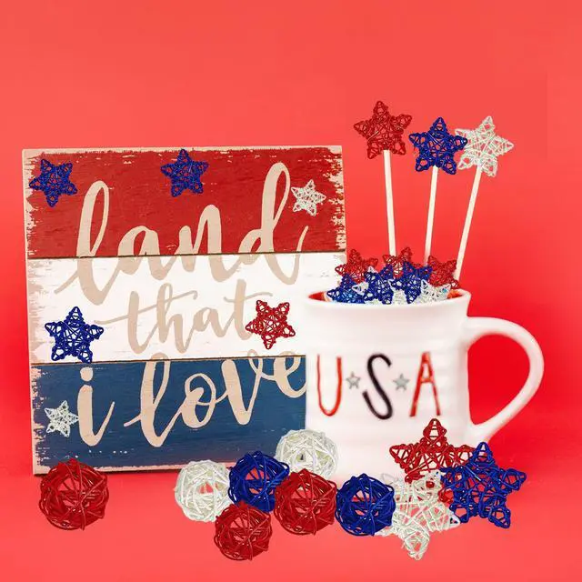 Alt view image 3 of 7 - 24 Pcs 4th of July Star Rattan Balls Decoration, Red Blue White Stars for 4th of July Independence Day Home Decor DIY Vase Bowl Filler Ornament Table Decoration