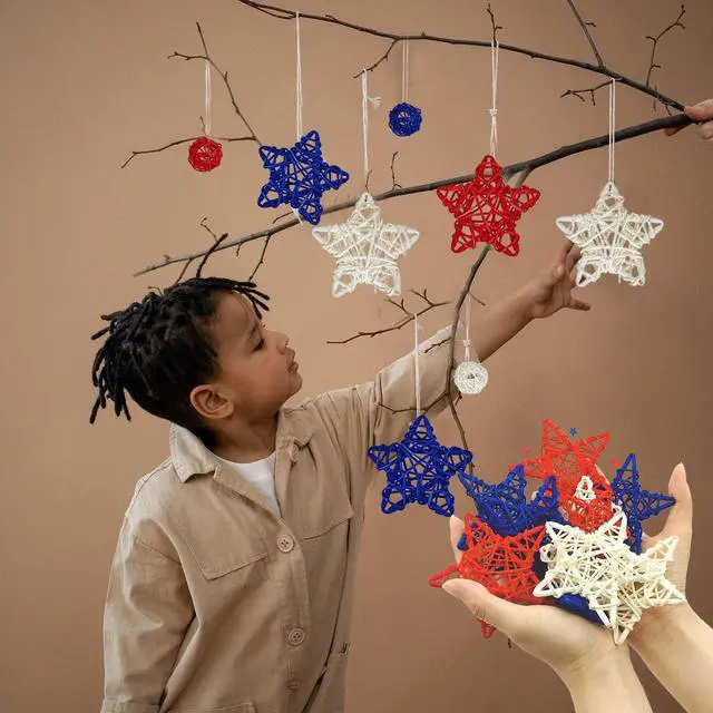 Alt view image 4 of 7 - 24 Pcs 4th of July Star Rattan Balls Decoration, Red Blue White Stars for 4th of July Independence Day Home Decor DIY Vase Bowl Filler Ornament Table Decoration