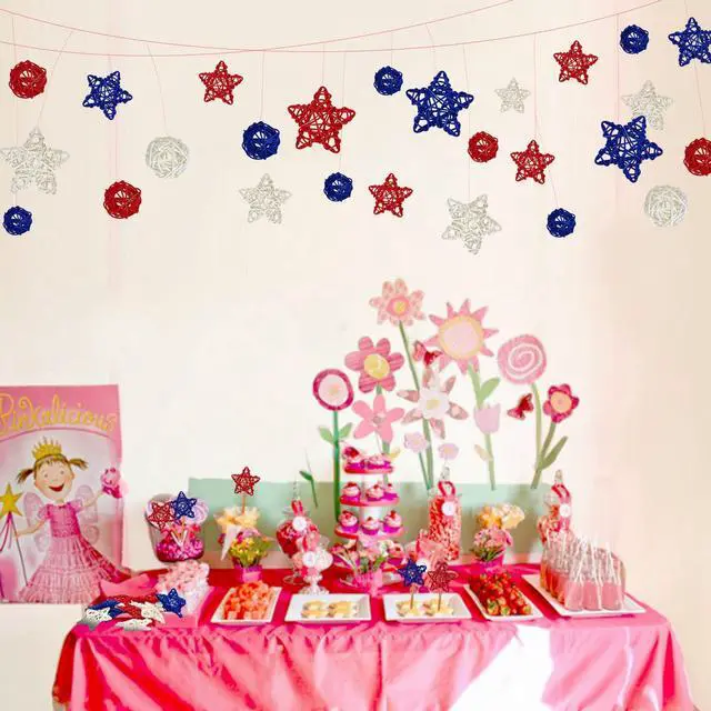 Alt view image 5 of 7 - 24 Pcs 4th of July Star Rattan Balls Decoration, Red Blue White Stars for 4th of July Independence Day Home Decor DIY Vase Bowl Filler Ornament Table Decoration