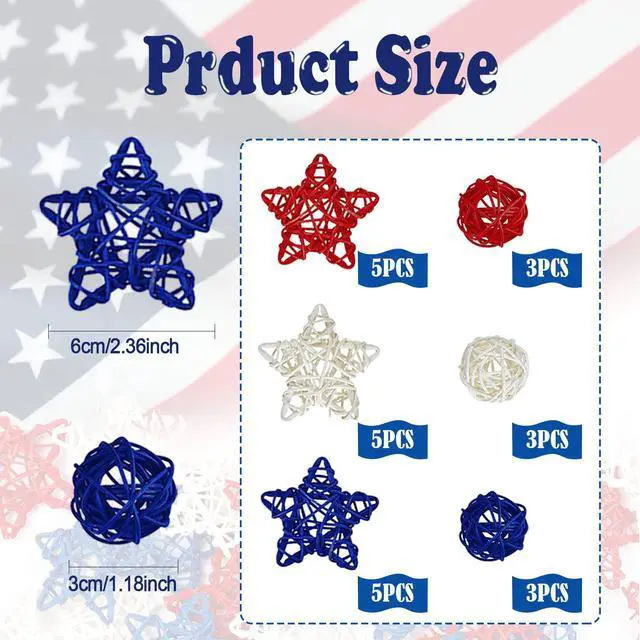 Alt view image 7 of 7 - 24 Pcs 4th of July Star Rattan Balls Decoration, Red Blue White Stars for 4th of July Independence Day Home Decor DIY Vase Bowl Filler Ornament Table Decoration