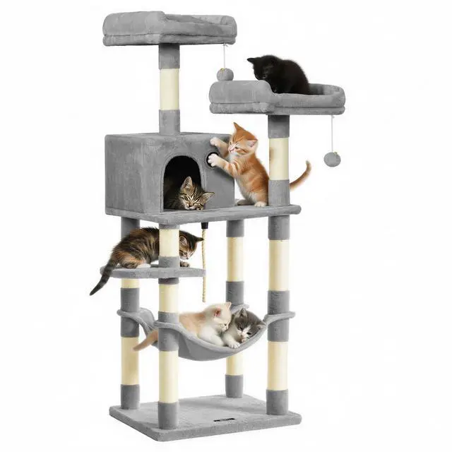 Main image of Cat Tree, 55.8-Inch Cat Tower, Multi-Level Plush Condo with 11 Scratching Posts, 2 Perches, Hammock, Cave, Light Gray UPCT15W