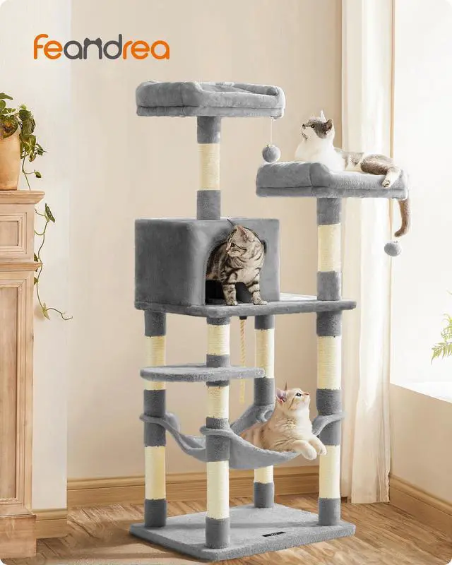 Alt view image 2 of 7 - Cat Tree, 55.8-Inch Cat Tower, Multi-Level Plush Condo with 11 Scratching Posts, 2 Perches, Hammock, Cave, Light Gray UPCT15W