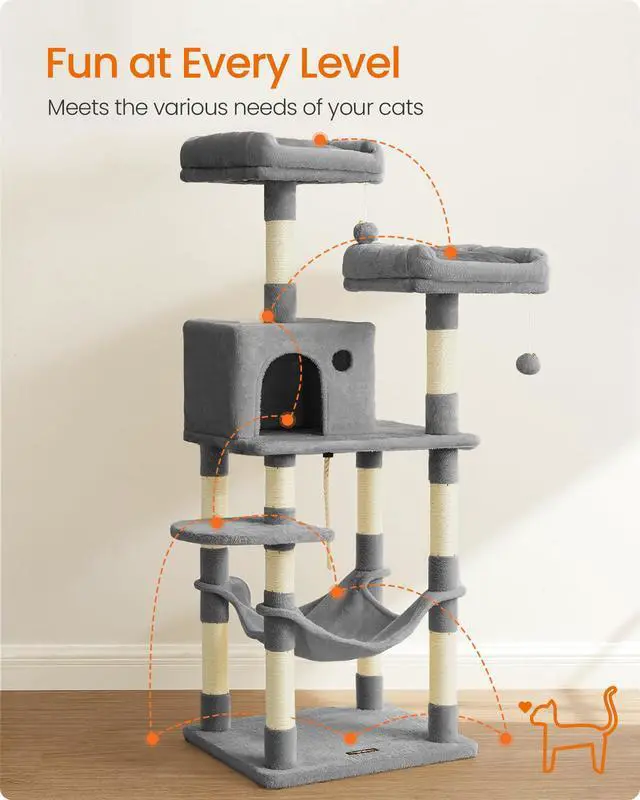 Alt view image 3 of 7 - Cat Tree, 55.8-Inch Cat Tower, Multi-Level Plush Condo with 11 Scratching Posts, 2 Perches, Hammock, Cave, Light Gray UPCT15W