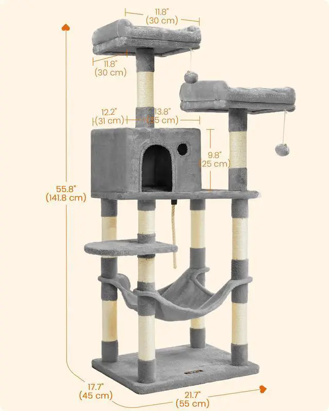 Alt view image 5 of 7 - Cat Tree, 55.8-Inch Cat Tower, Multi-Level Plush Condo with 11 Scratching Posts, 2 Perches, Hammock, Cave, Light Gray UPCT15W