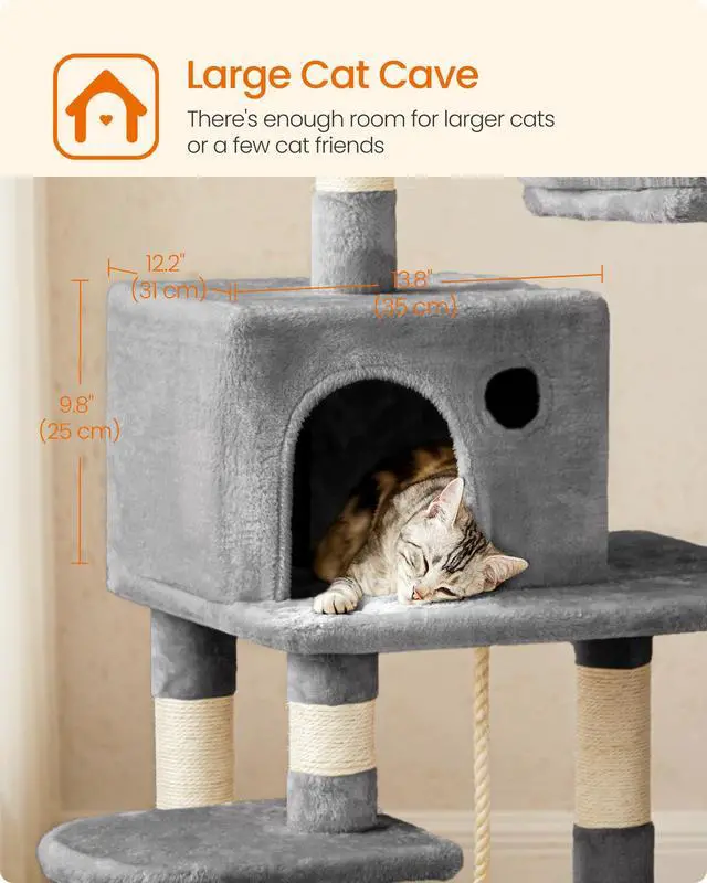Alt view image 7 of 7 - Cat Tree, 55.8-Inch Cat Tower, Multi-Level Plush Condo with 11 Scratching Posts, 2 Perches, Hammock, Cave, Light Gray UPCT15W