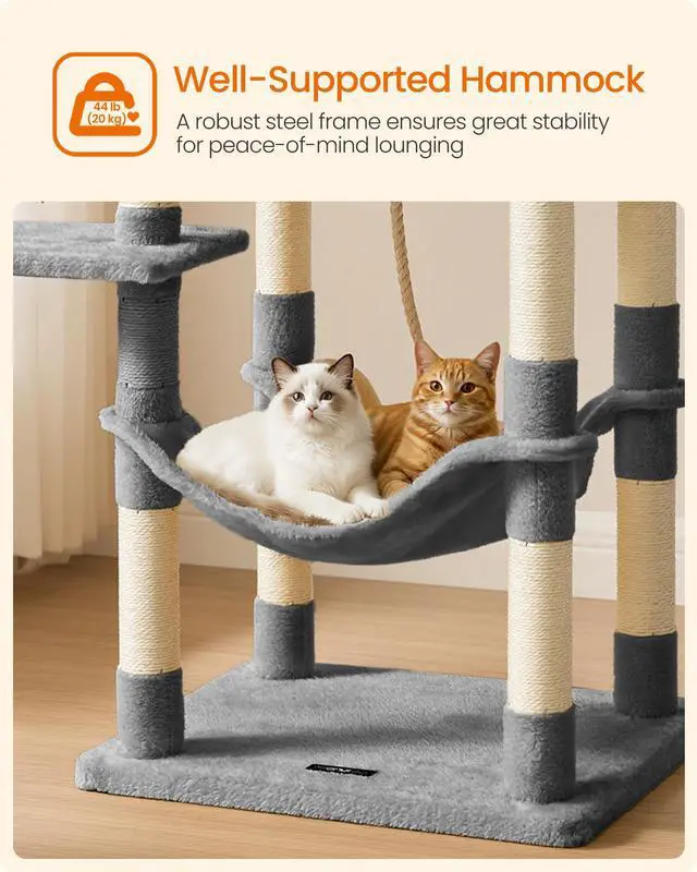Alt view image 6 of 7 - Cat Tree, 55.8-Inch Cat Tower, Multi-Level Plush Condo with 11 Scratching Posts, 2 Perches, Hammock, Cave, Light Gray UPCT15W