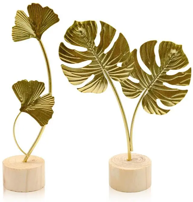 Main image of 2 Pcs Metal Gold Decor Statues, Leaves Ornaments Modern Creative Home Décor Accents Statue for Office, Room, Bookshelf, Home Decor (Monstera, Ginkgo)