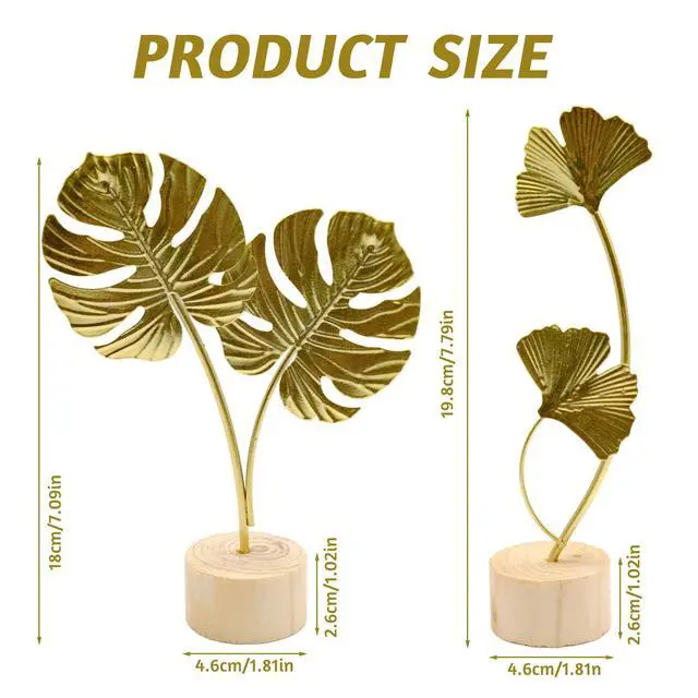 Alt view image 2 of 7 - 2 Pcs Metal Gold Decor Statues, Leaves Ornaments Modern Creative Home Décor Accents Statue for Office, Room, Bookshelf, Home Decor (Monstera, Ginkgo)