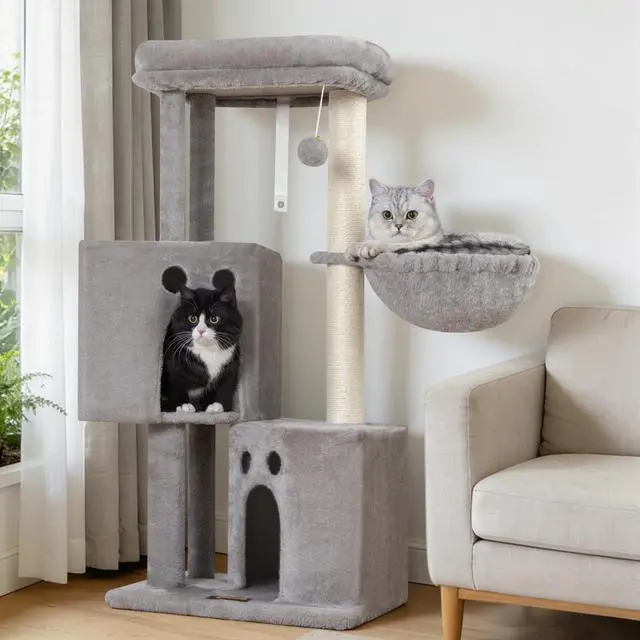 Main image of Small Cat Tree Tower for Indoor Cats, 40 in Compact Adults Cat Beds Trees with 2 Condos, Sisal Scratching Post, Large Perch Platform, Multi-Level Kitty Kitten Climbing Stands House(Light Grey)