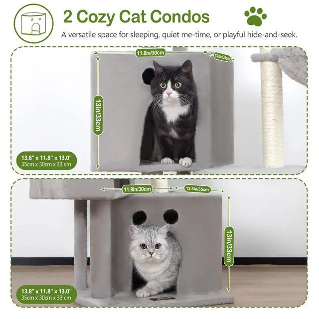 Alt view image 2 of 7 - Small Cat Tree Tower for Indoor Cats, 40 in Compact Adults Cat Beds Trees with 2 Condos, Sisal Scratching Post, Large Perch Platform, Multi-Level Kitty Kitten Climbing Stands House(Light Grey)