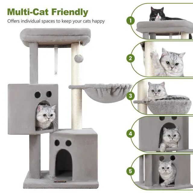 Alt view image 4 of 7 - Small Cat Tree Tower for Indoor Cats, 40 in Compact Adults Cat Beds Trees with 2 Condos, Sisal Scratching Post, Large Perch Platform, Multi-Level Kitty Kitten Climbing Stands House(Light Grey)