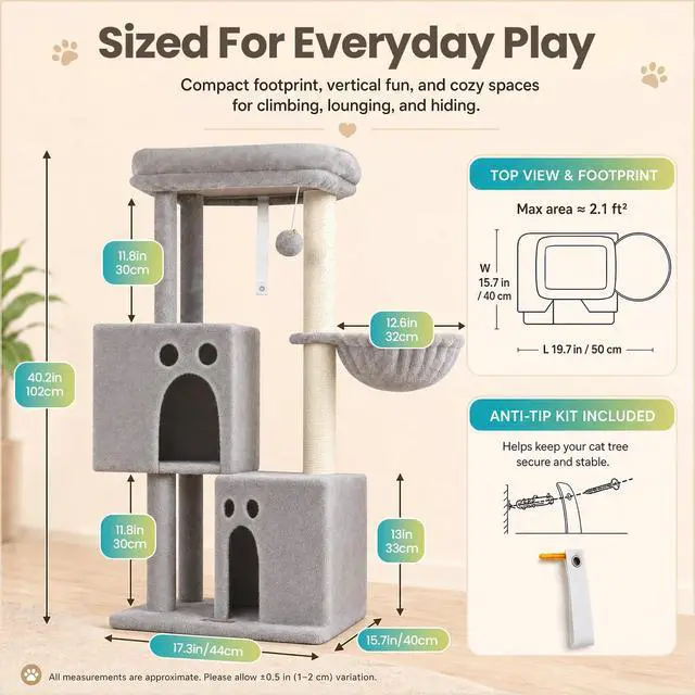Alt view image 7 of 7 - Small Cat Tree Tower for Indoor Cats, 40 in Compact Adults Cat Beds Trees with 2 Condos, Sisal Scratching Post, Large Perch Platform, Multi-Level Kitty Kitten Climbing Stands House(Light Grey)