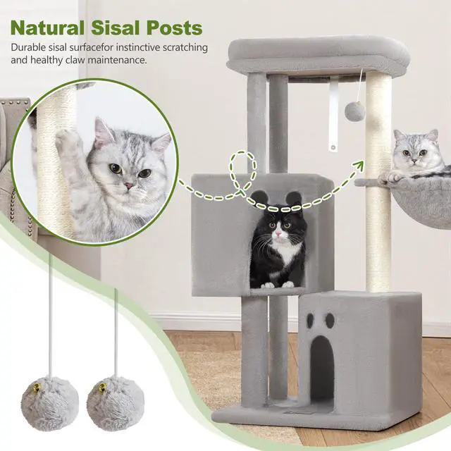 Alt view image 5 of 7 - Small Cat Tree Tower for Indoor Cats, 40 in Compact Adults Cat Beds Trees with 2 Condos, Sisal Scratching Post, Large Perch Platform, Multi-Level Kitty Kitten Climbing Stands House(Light Grey)