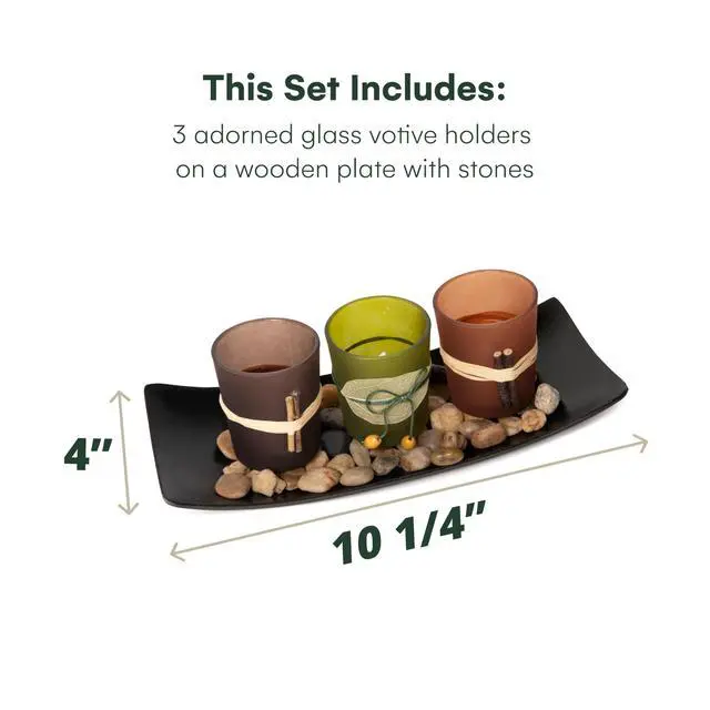 Alt view image 3 of 6 - Decorative Votive Candle Holders, Vintage Decor Flameless Candlescape Set, 3 LED Tea Light Candles, Rocks and Tray - Fall Table Decor (Earth Tones)