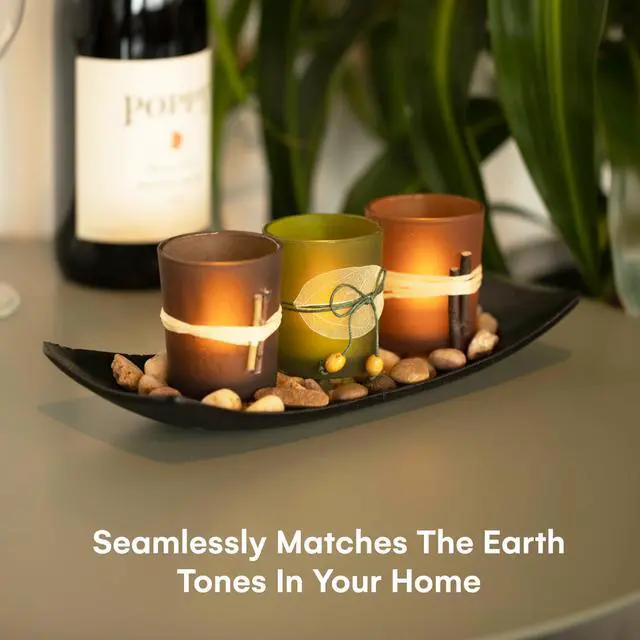 Alt view image 4 of 6 - Decorative Votive Candle Holders, Vintage Decor Flameless Candlescape Set, 3 LED Tea Light Candles, Rocks and Tray - Fall Table Decor (Earth Tones)