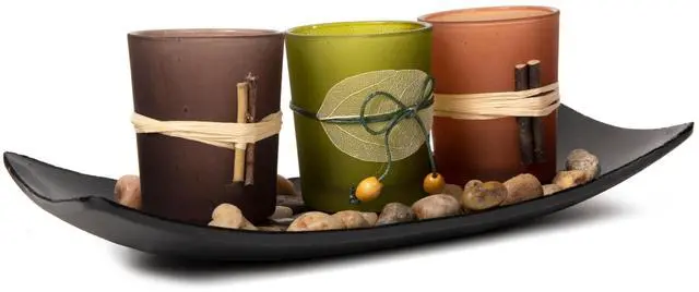 Main image of Decorative Votive Candle Holders, Vintage Decor Flameless Candlescape Set, 3 LED Tea Light Candles, Rocks and Tray - Fall Table Decor (Earth Tones)