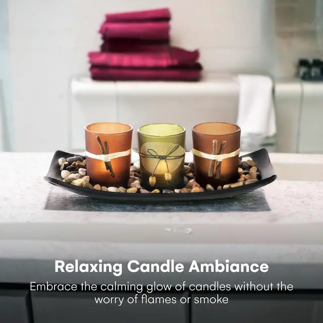 Alt view image 6 of 6 - Decorative Votive Candle Holders, Vintage Decor Flameless Candlescape Set, 3 LED Tea Light Candles, Rocks and Tray - Fall Table Decor (Earth Tones)