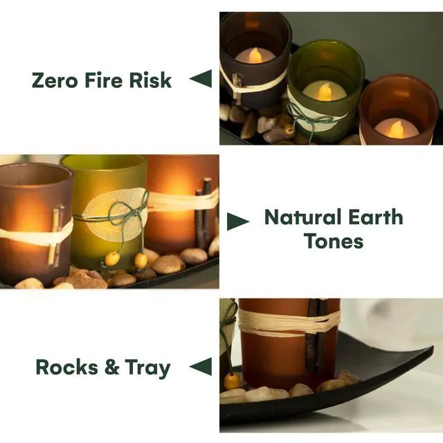 Alt view image 5 of 6 - Decorative Votive Candle Holders, Vintage Decor Flameless Candlescape Set, 3 LED Tea Light Candles, Rocks and Tray - Fall Table Decor (Earth Tones)