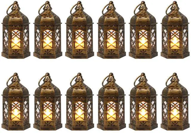 Main image of Mini Lantern with LED Candle, 12PCS Small Lanterns Decorative Indoor, Vintage Moroccan Lights for Halloween Decorations, Hanging Ornaments for Christmas, Table Centerpiece, Boho Wedding Decor