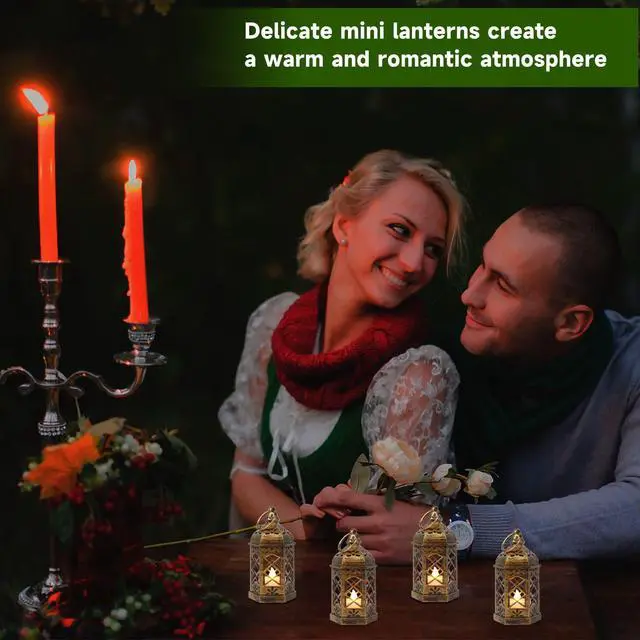 Alt view image 4 of 7 - Mini Lantern with LED Candle, 12PCS Small Lanterns Decorative Indoor, Vintage Moroccan Lights for Halloween Decorations, Hanging Ornaments for Christmas, Table Centerpiece, Boho Wedding Decor