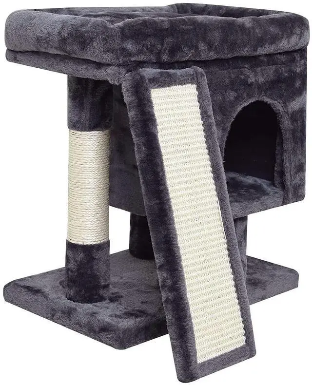Main image of Small Cat Tree for Indoor Cats Large Adult, Activity Tower with Scratching Post, Modern House with Padded Perch, Kittens Condo with Board, Cat Cave (Smoky Grey)
