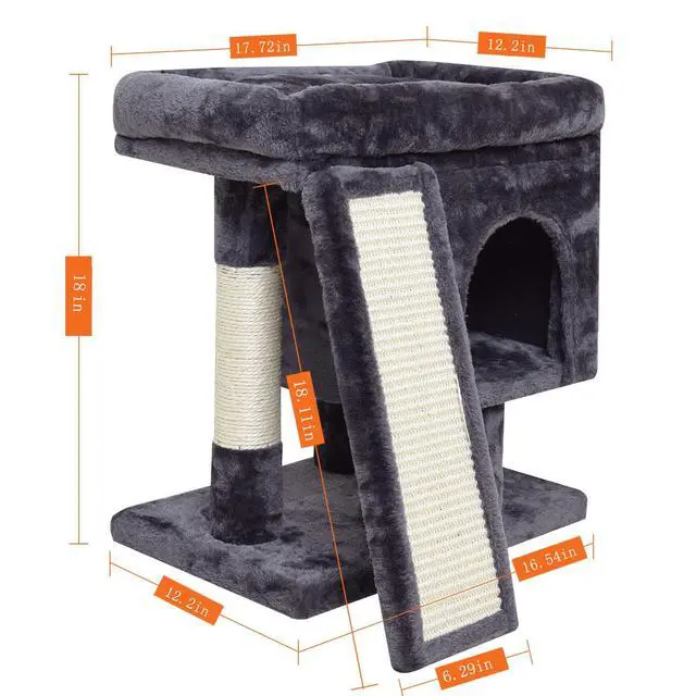 Alt view image 2 of 7 - Small Cat Tree for Indoor Cats Large Adult, Activity Tower with Scratching Post, Modern House with Padded Perch, Kittens Condo with Board, Cat Cave (Smoky Grey)