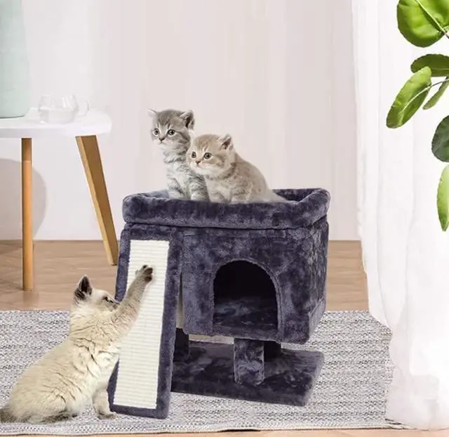 Alt view image 3 of 7 - Small Cat Tree for Indoor Cats Large Adult, Activity Tower with Scratching Post, Modern House with Padded Perch, Kittens Condo with Board, Cat Cave (Smoky Grey)