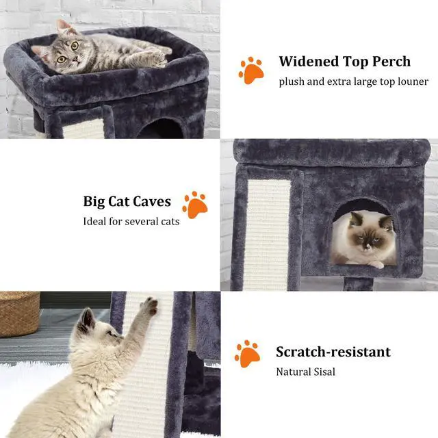 Alt view image 4 of 7 - Small Cat Tree for Indoor Cats Large Adult, Activity Tower with Scratching Post, Modern House with Padded Perch, Kittens Condo with Board, Cat Cave (Smoky Grey)