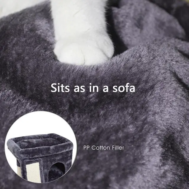 Alt view image 5 of 7 - Small Cat Tree for Indoor Cats Large Adult, Activity Tower with Scratching Post, Modern House with Padded Perch, Kittens Condo with Board, Cat Cave (Smoky Grey)