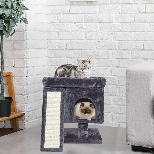 Alt view image 6 of 7 - Small Cat Tree for Indoor Cats Large Adult, Activity Tower with Scratching Post, Modern House with Padded Perch, Kittens Condo with Board, Cat Cave (Smoky Grey)