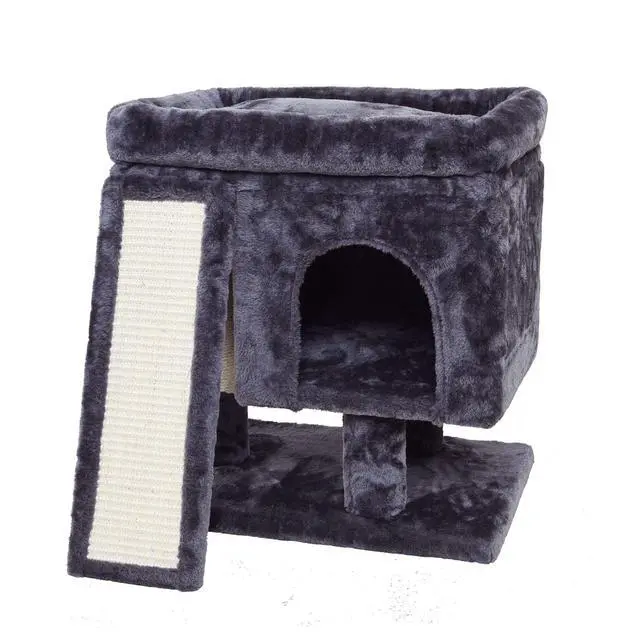 Alt view image 7 of 7 - Small Cat Tree for Indoor Cats Large Adult, Activity Tower with Scratching Post, Modern House with Padded Perch, Kittens Condo with Board, Cat Cave (Smoky Grey)